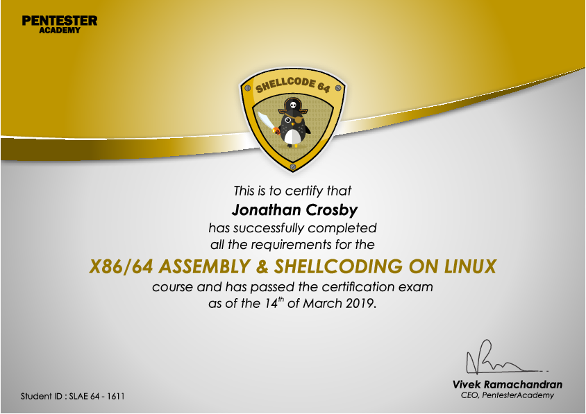 SecurityTube Linux Assembly Expert x86_64 (SLAE64)